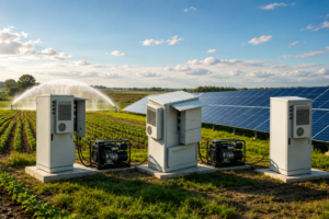 Solar-powered irrigation system with photovoltaic panels supplying clean energy to agricultural water pumps for sustainable farming.