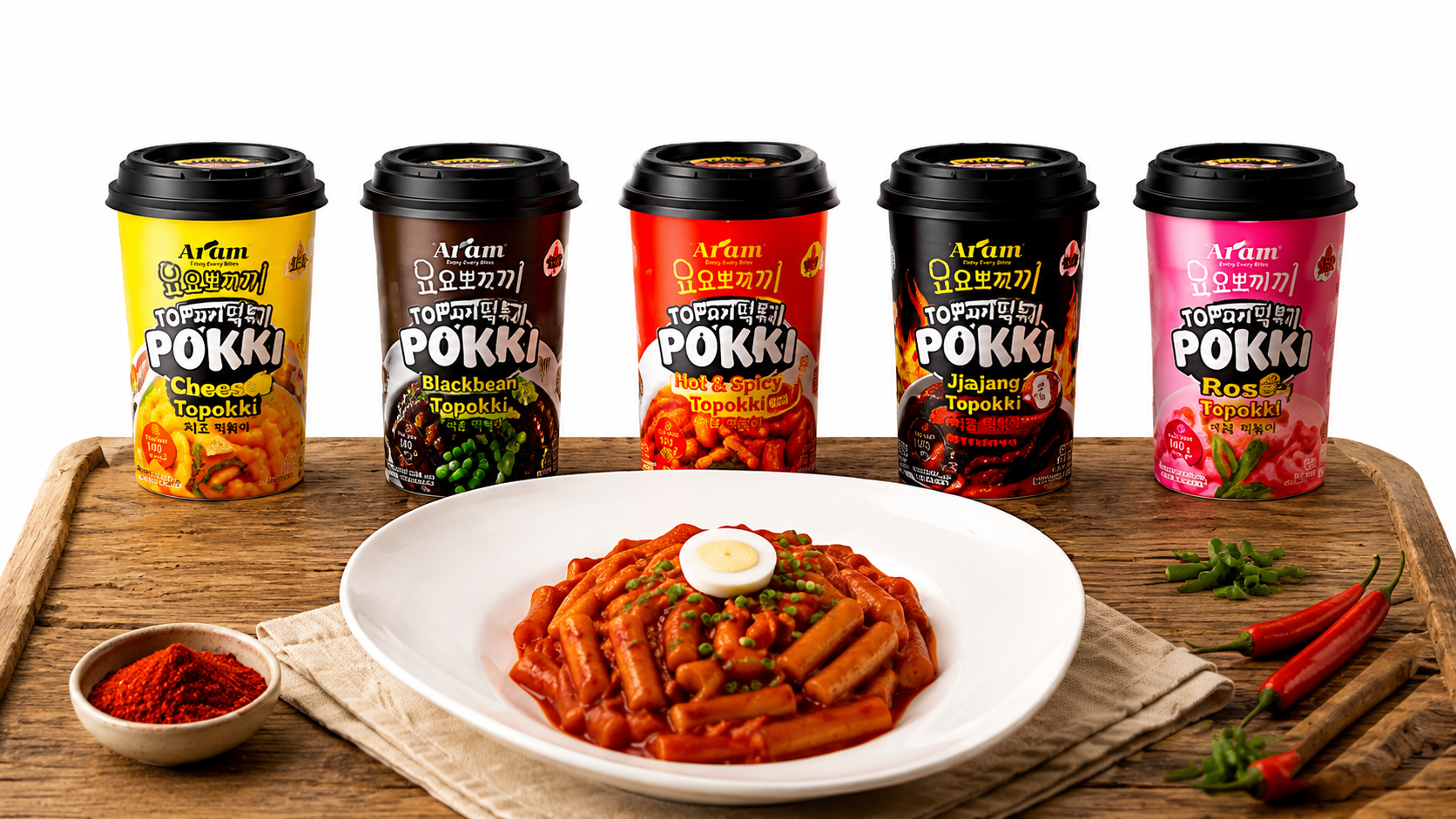 Aram Pokki Korean Instant Topokki Cup in assorted flavors with authentic Korean rice cakes.